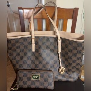 Michael Kors Brown and Tan Checkered Tote Bag with Wallet